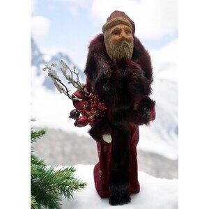 Folk Art Santa Claus Christmas Figurine Patchwork Robe with Faux Fur Trim
